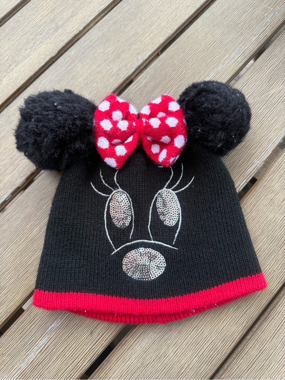 Disney Parks Minnie Mouse Youth One Size Pom Pom Ears Sequin Knit Beanie - Picture 1 of 6